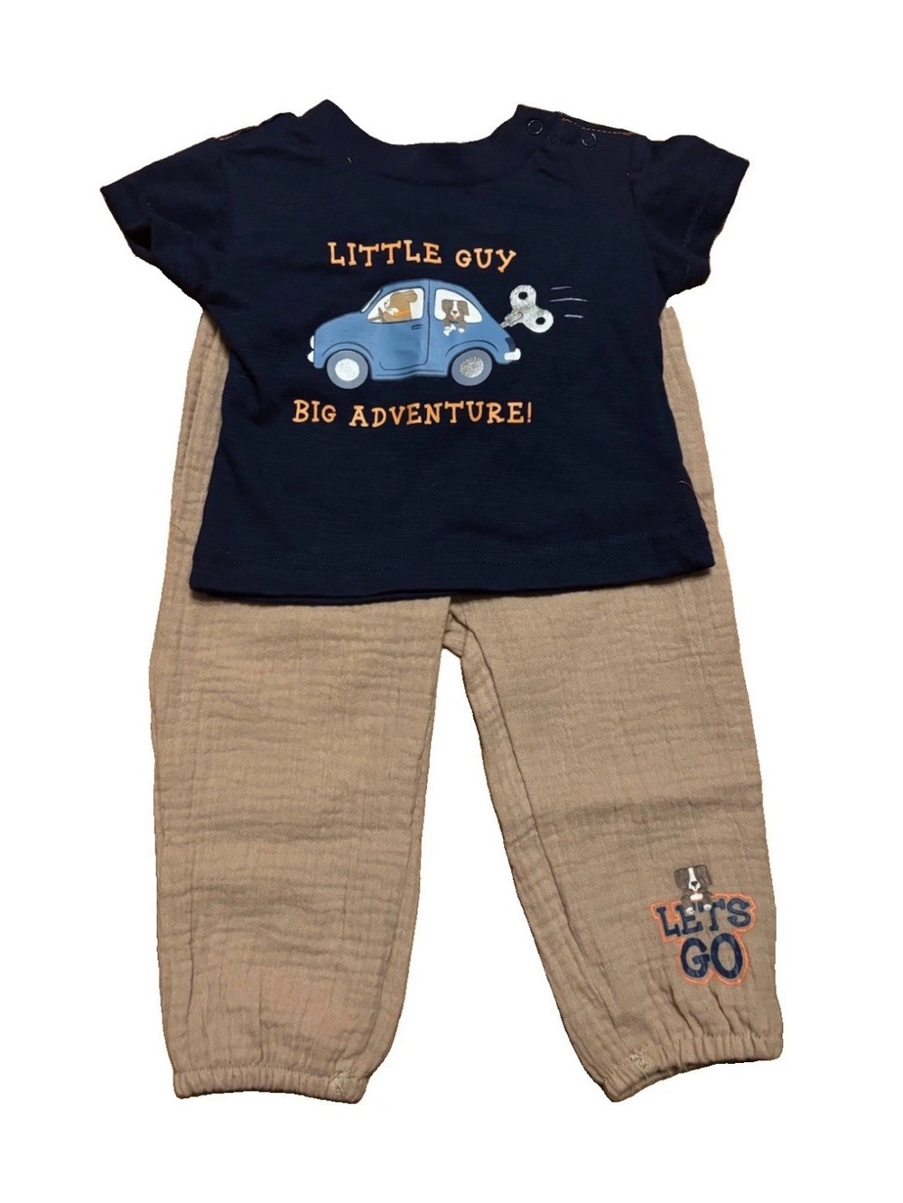 Navy "Little Guy Big Adventure" Graphic Tee and Tan Pants Set - 3/6 Months